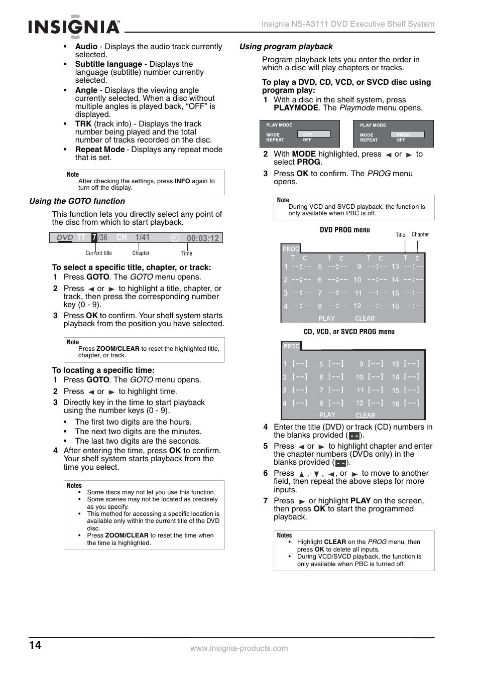 Using the goto function, Using program playback | Insignia NS-A3111 User Manual | Page 14 / 64