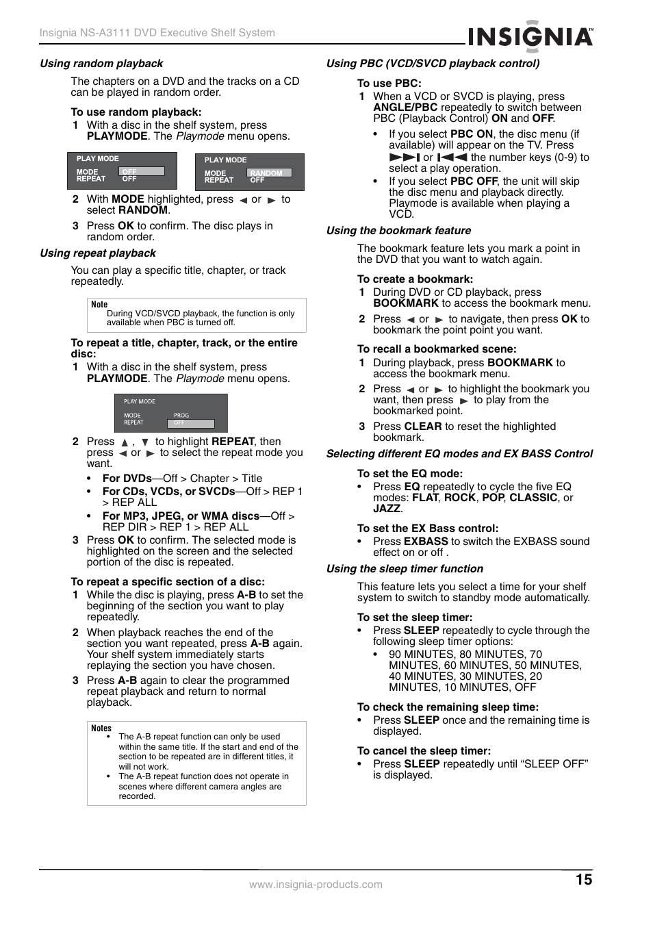 Using random playback, Using repeat playback, Using pbc (vcd/svcd playback control) | Using the bookmark feature, Selecting different eq modes and ex bass control, Using the sleep timer function | Insignia NS-A3111 User Manual | Page 15 / 64