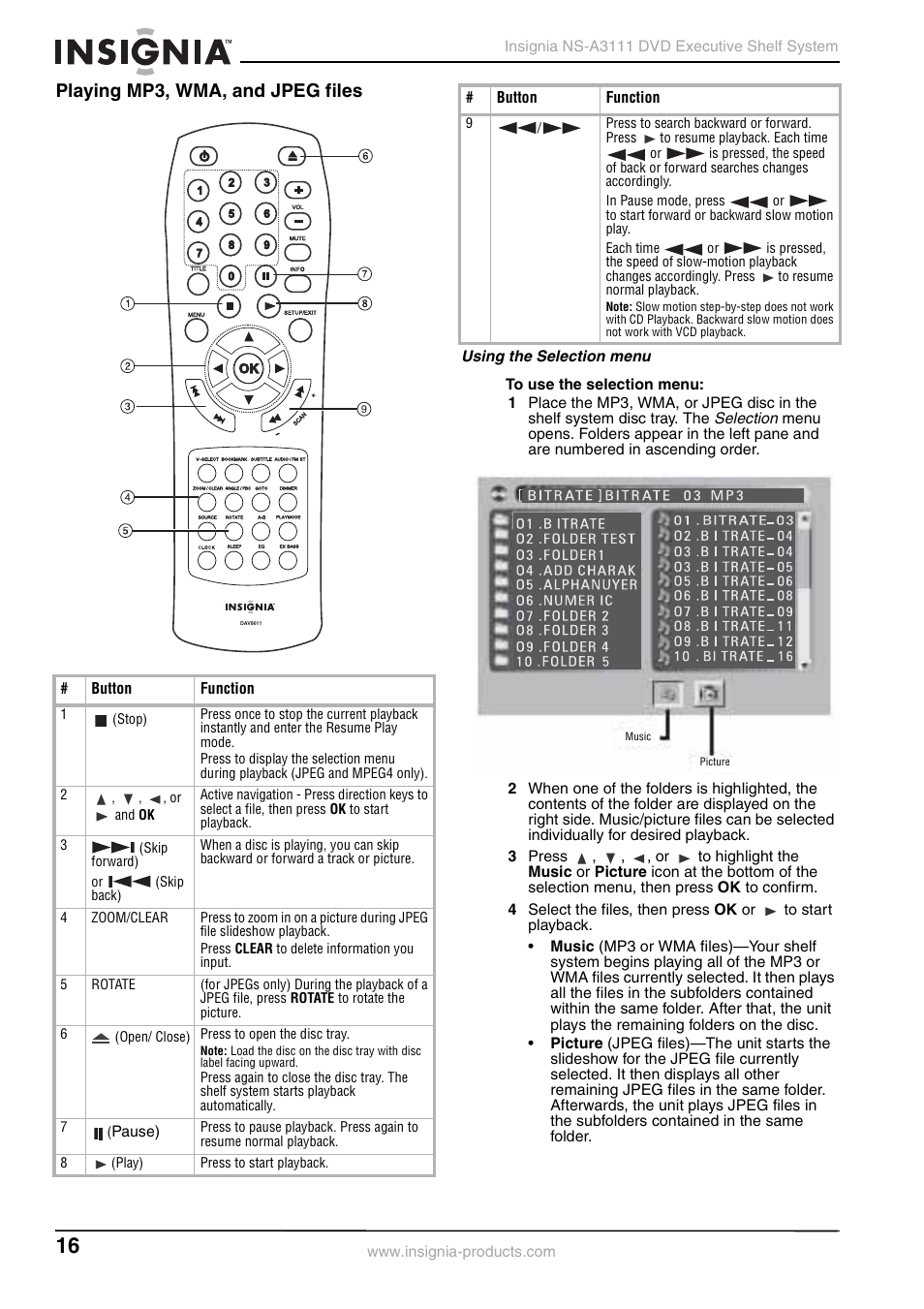 Playing mp3, wma, and jpeg files, Using the selection menu | Insignia NS-A3111 User Manual | Page 16 / 64