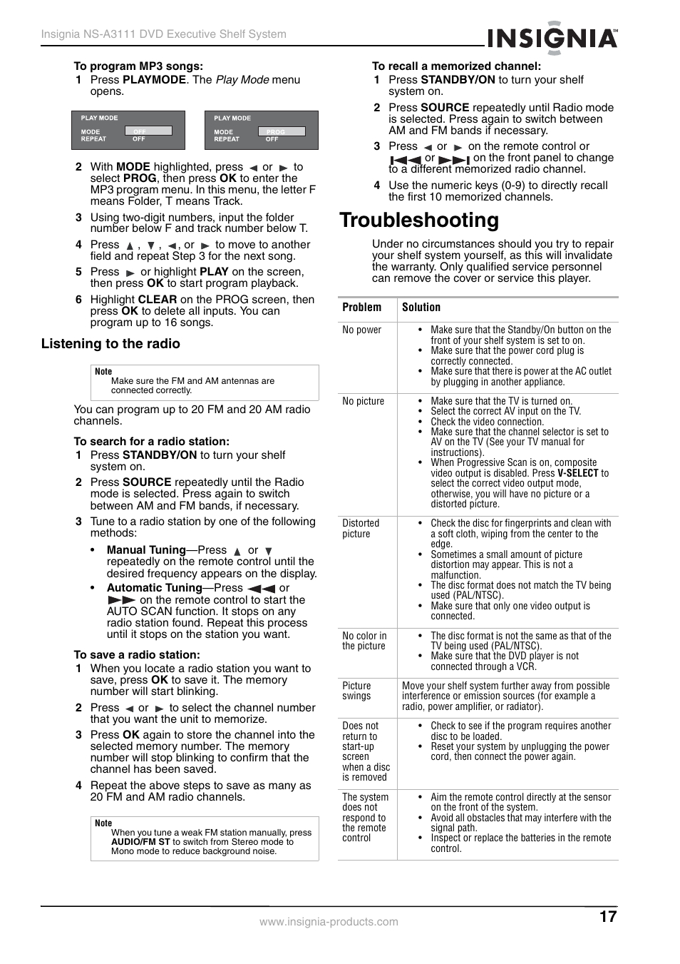 Listening to the radio, Troubleshooting | Insignia NS-A3111 User Manual | Page 17 / 64