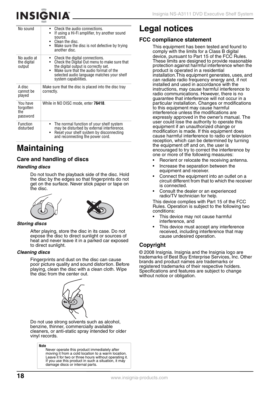 Maintaining, Care and handling of discs, Handling discs | Storing discs, Cleaning discs, Legal notices, Fcc compliance statement, Copyright, Maintaining legal notices | Insignia NS-A3111 User Manual | Page 18 / 64