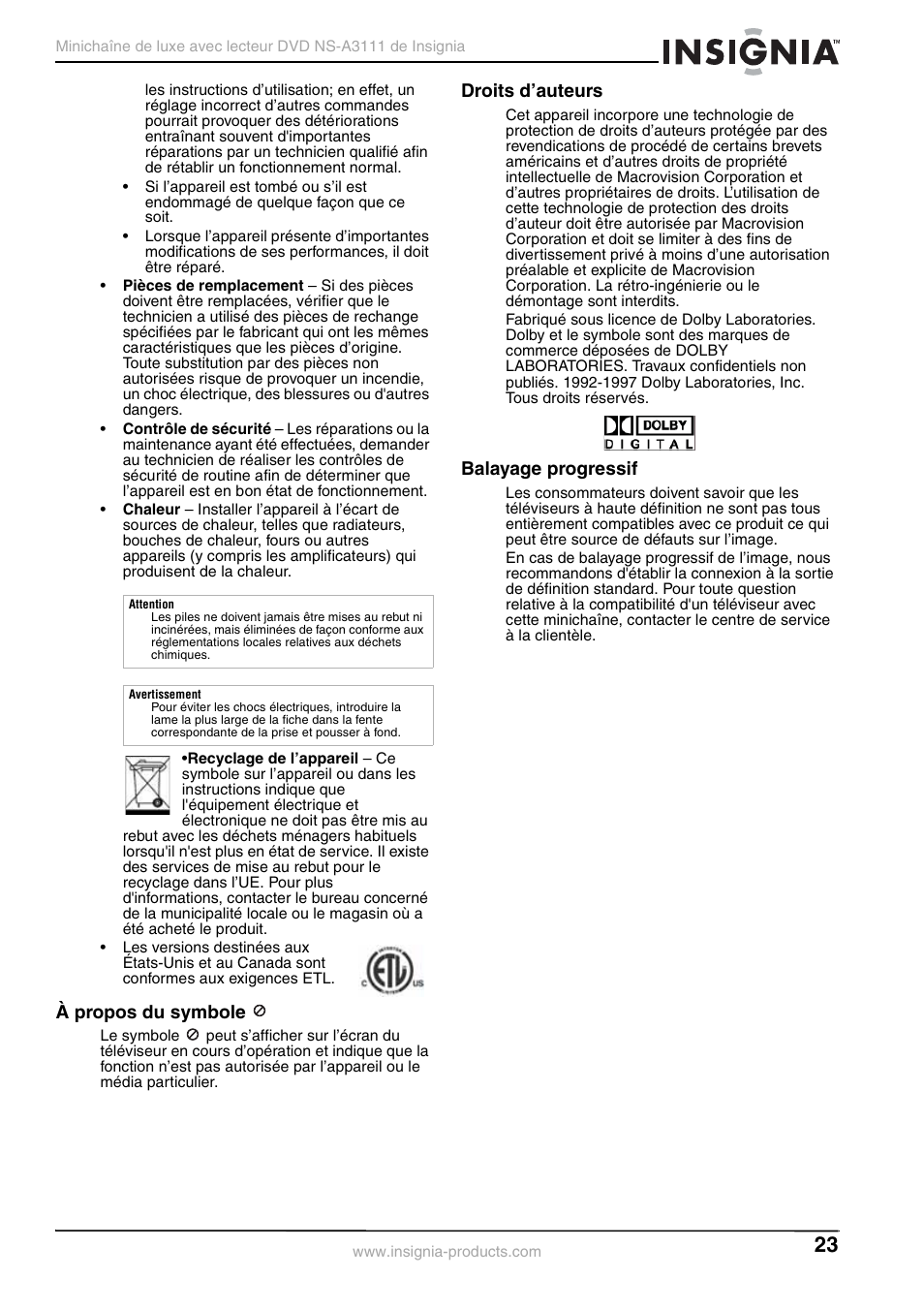 À propos du symbole, Droits d’auteurs, Balayage progressif | Insignia NS-A3111 User Manual | Page 23 / 64