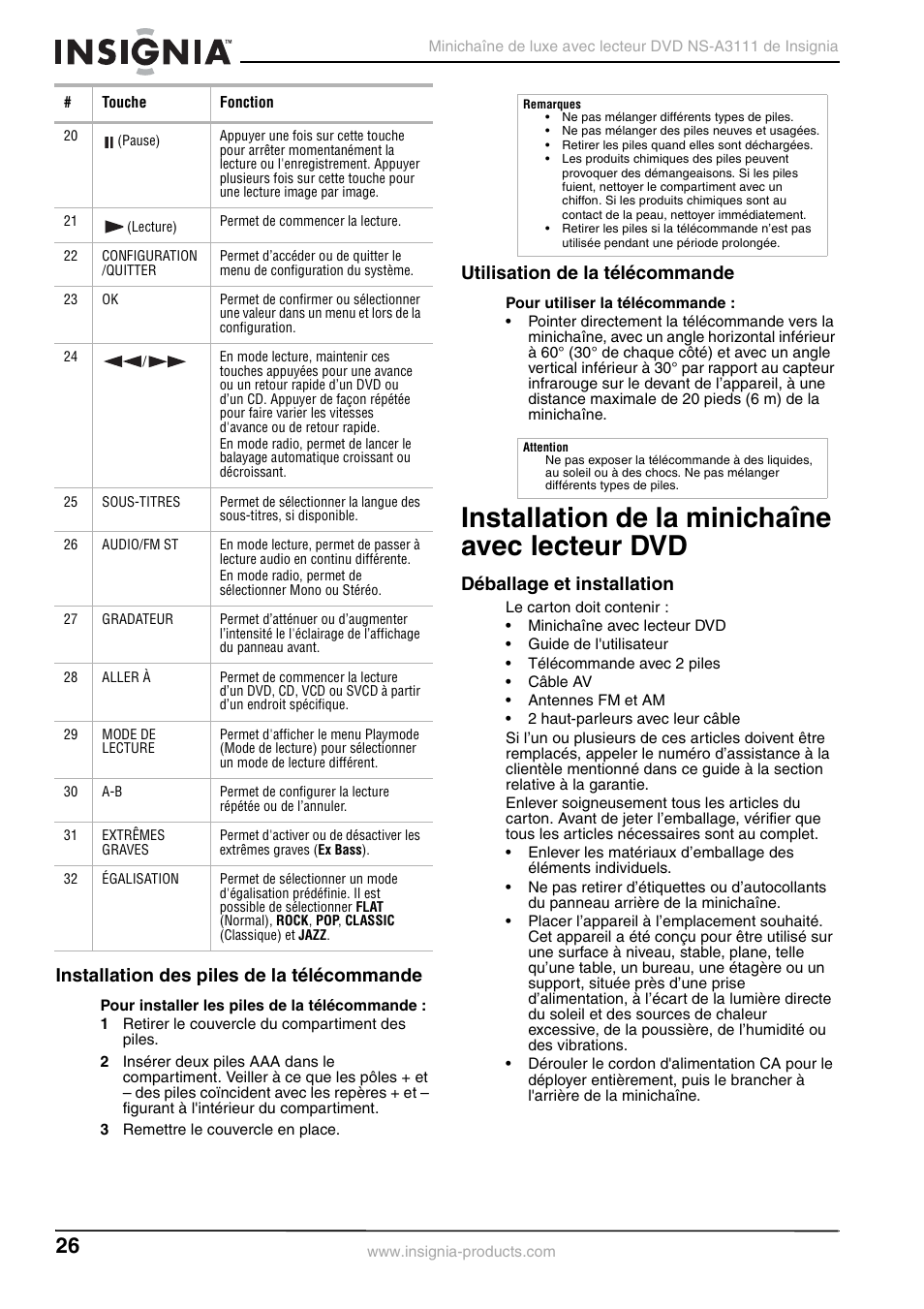 Installation des piles de la télécommande, Utilisation de la télécommande, Installation de la minichaîne avec lecteur dvd | Déballage et installation | Insignia NS-A3111 User Manual | Page 26 / 64