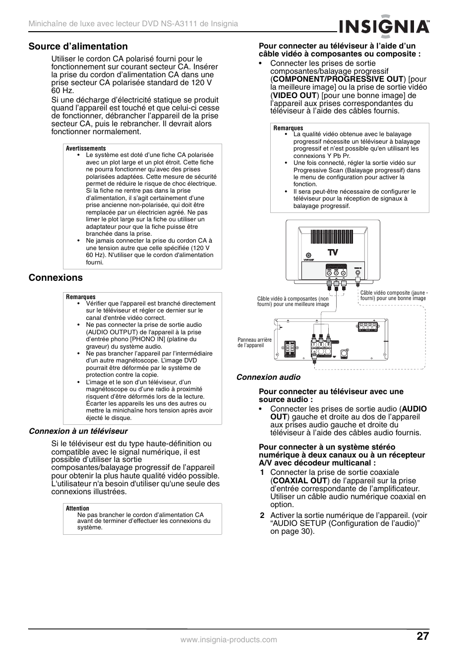 Source d’alimentation, Connexions, Connexion à un téléviseur | Connexion audio | Insignia NS-A3111 User Manual | Page 27 / 64