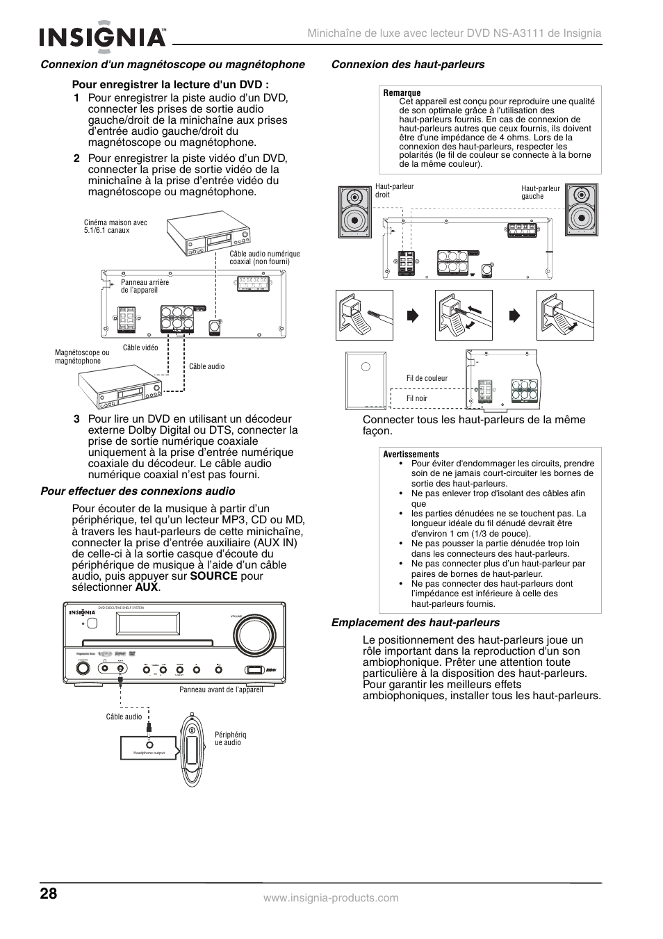 Connexion d'un magnétoscope ou magnétophone, Pour effectuer des connexions audio, Connexion des haut-parleurs | Emplacement des haut-parleurs | Insignia NS-A3111 User Manual | Page 28 / 64
