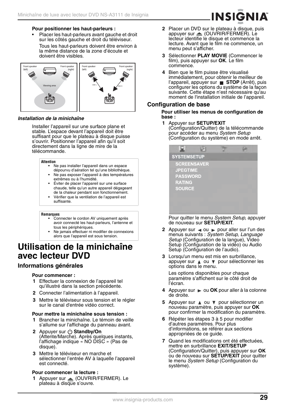 Installation de la minichaîne, Utilisation de la minichaîne avec lecteur dvd, Informations générales | Configuration de base | Insignia NS-A3111 User Manual | Page 29 / 64