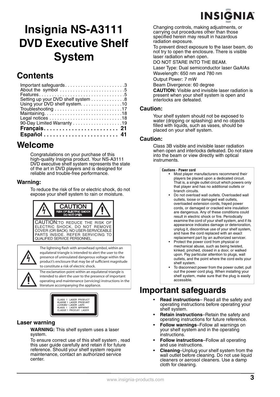 Insignia NS-A3111 User Manual | Page 3 / 64
