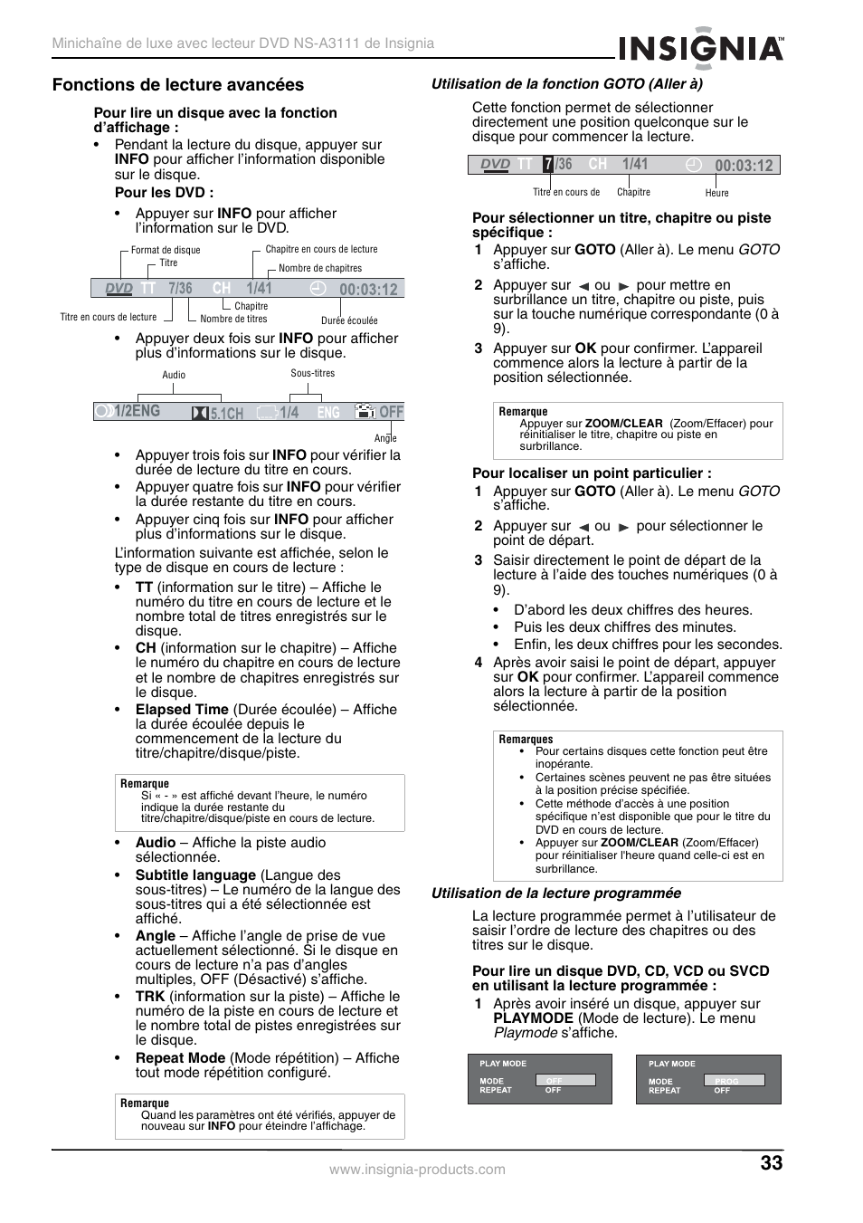 Fonctions de lecture avancées, Utilisation de la fonction goto (aller à), Utilisation de la lecture programmée | Insignia NS-A3111 User Manual | Page 33 / 64