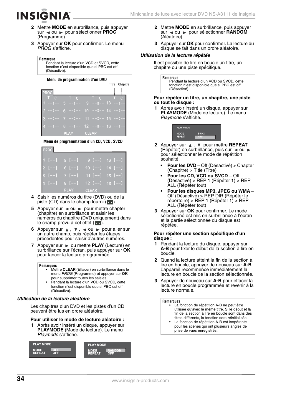 Utilisation de la lecture aléatoire, Utilisation de la lecture répétée | Insignia NS-A3111 User Manual | Page 34 / 64