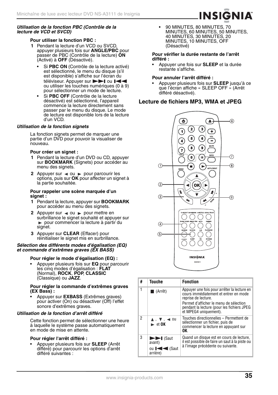 Utilisation de la fonction signets, Utilisation de la fonction d’arrêt différé, Lecture de fichiers mp3, wma et jpeg | Insignia NS-A3111 User Manual | Page 35 / 64