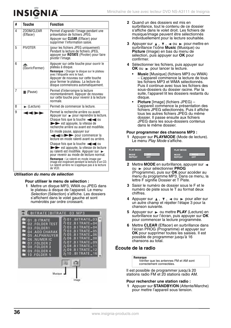 Utilisation du menu de sélection, Écoute de la radio | Insignia NS-A3111 User Manual | Page 36 / 64