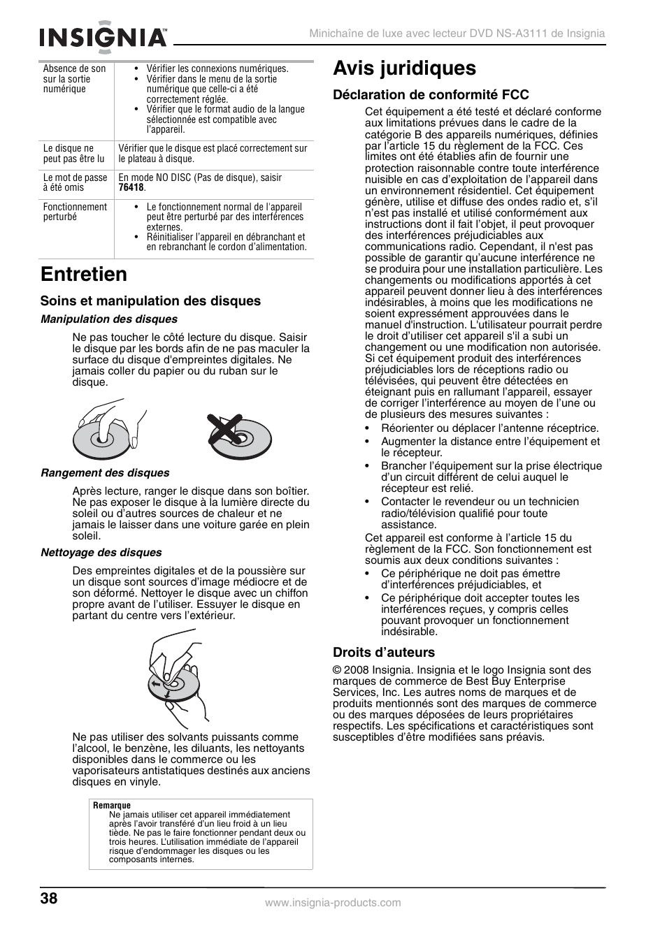 Entretien, Soins et manipulation des disques, Manipulation des disques | Rangement des disques, Nettoyage des disques, Avis juridiques, Déclaration de conformité fcc, Droits d’auteurs, Entretien avis juridiques | Insignia NS-A3111 User Manual | Page 38 / 64