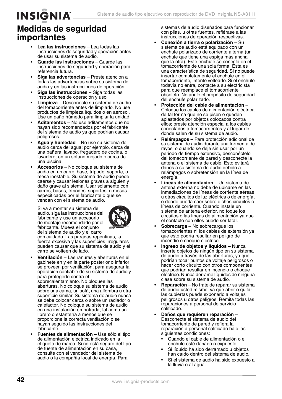 Medidas de seguridad importantes | Insignia NS-A3111 User Manual | Page 42 / 64