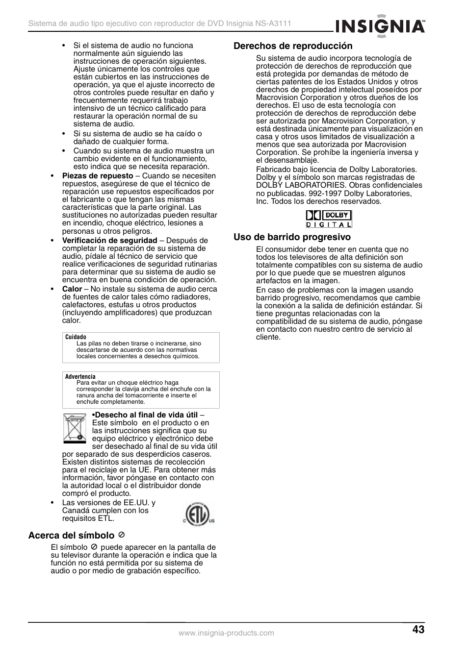 Acerca del símbolo, Derechos de reproducción, Uso de barrido progresivo | Insignia NS-A3111 User Manual | Page 43 / 64