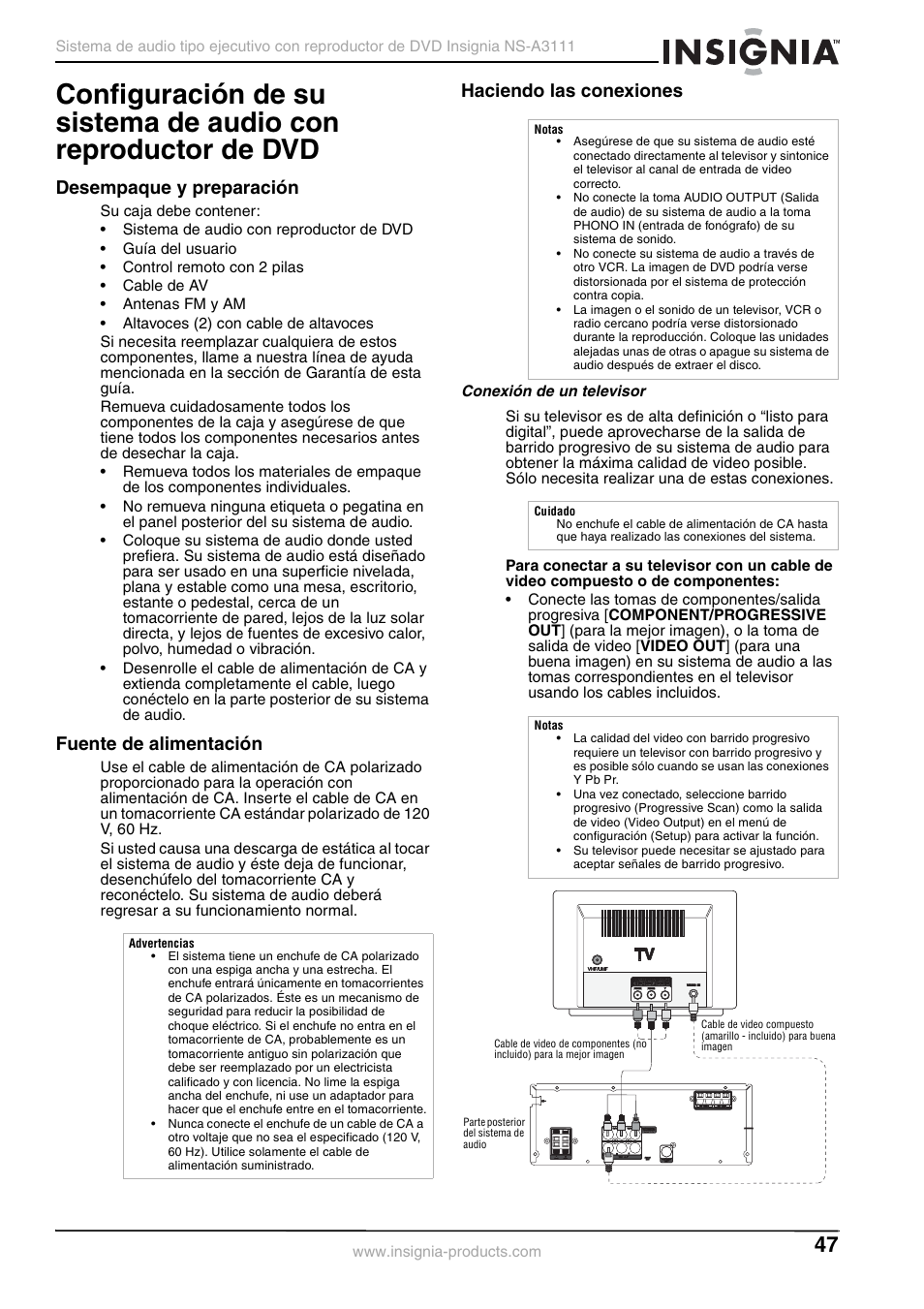 Desempaque y preparación, Fuente de alimentación, Haciendo las conexiones | Conexión de un televisor, Configuración de su sistema de audio con, Reproductor de dvd | Insignia NS-A3111 User Manual | Page 47 / 64