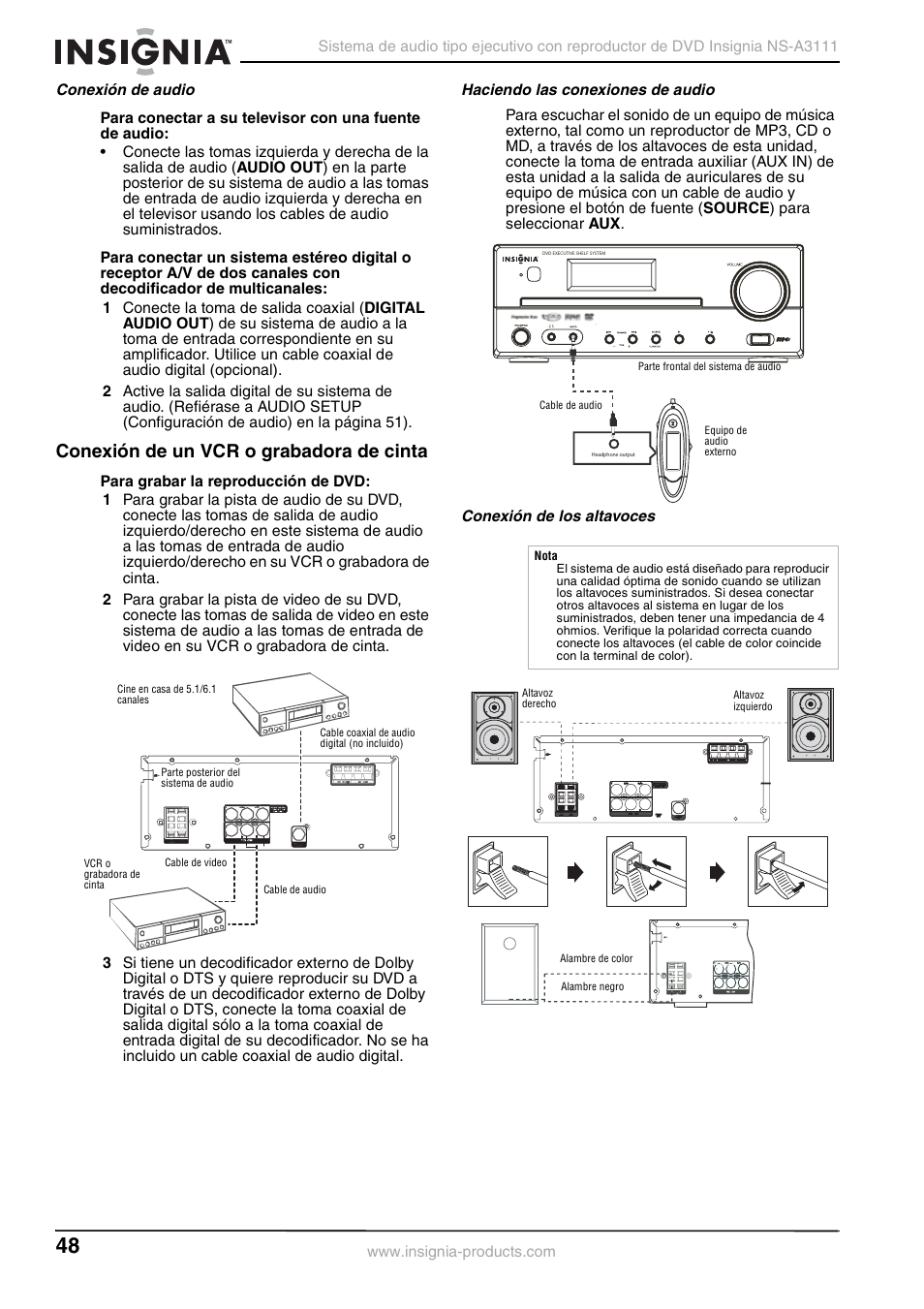 Conexión de audio, Conexión de un vcr o grabadora de cinta, Haciendo las conexiones de audio | Conexión de los altavoces | Insignia NS-A3111 User Manual | Page 48 / 64