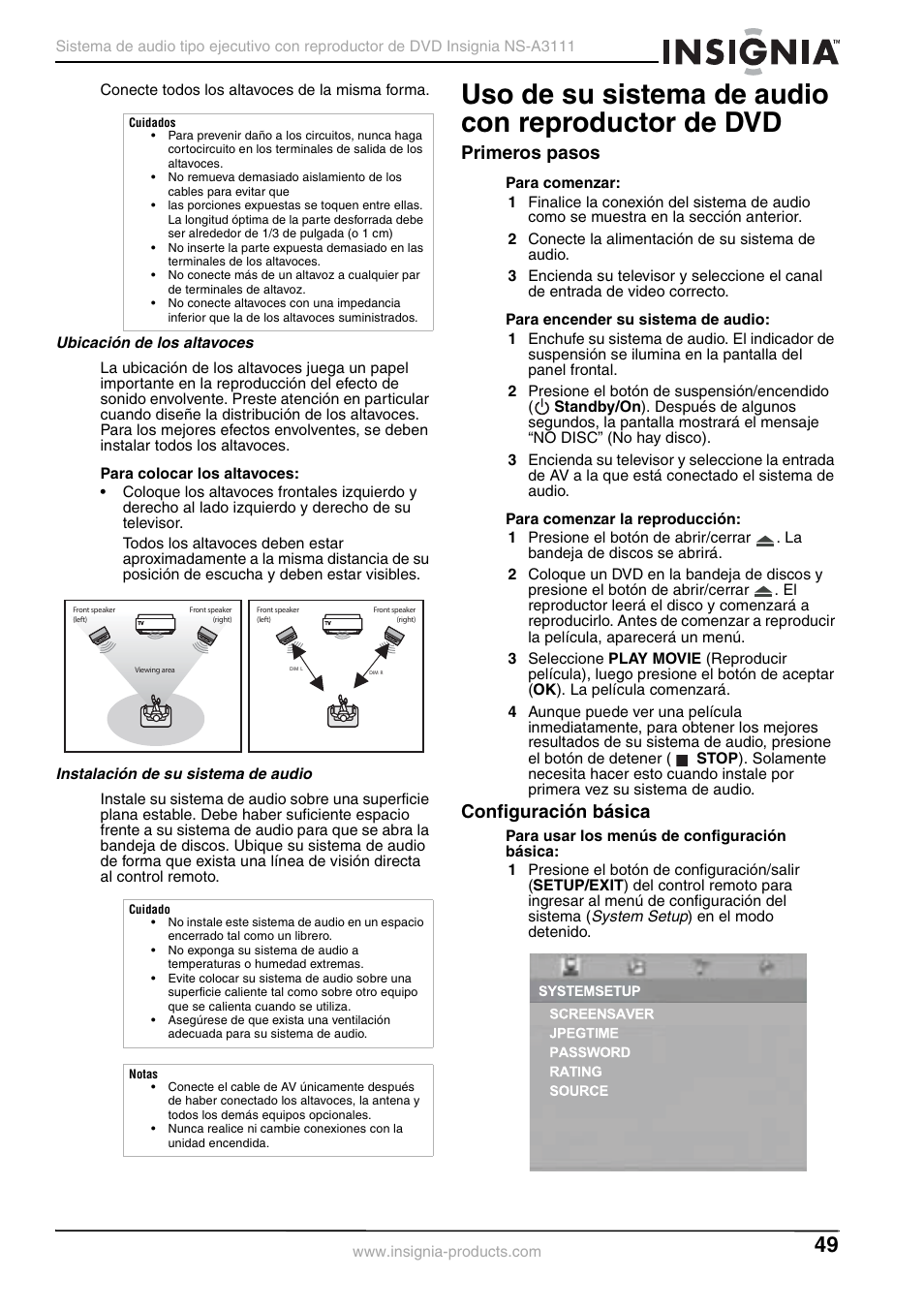 Ubicación de los altavoces, Instalación de su sistema de audio, Uso de su sistema de audio con reproductor de dvd | Primeros pasos, Configuración básica | Insignia NS-A3111 User Manual | Page 49 / 64