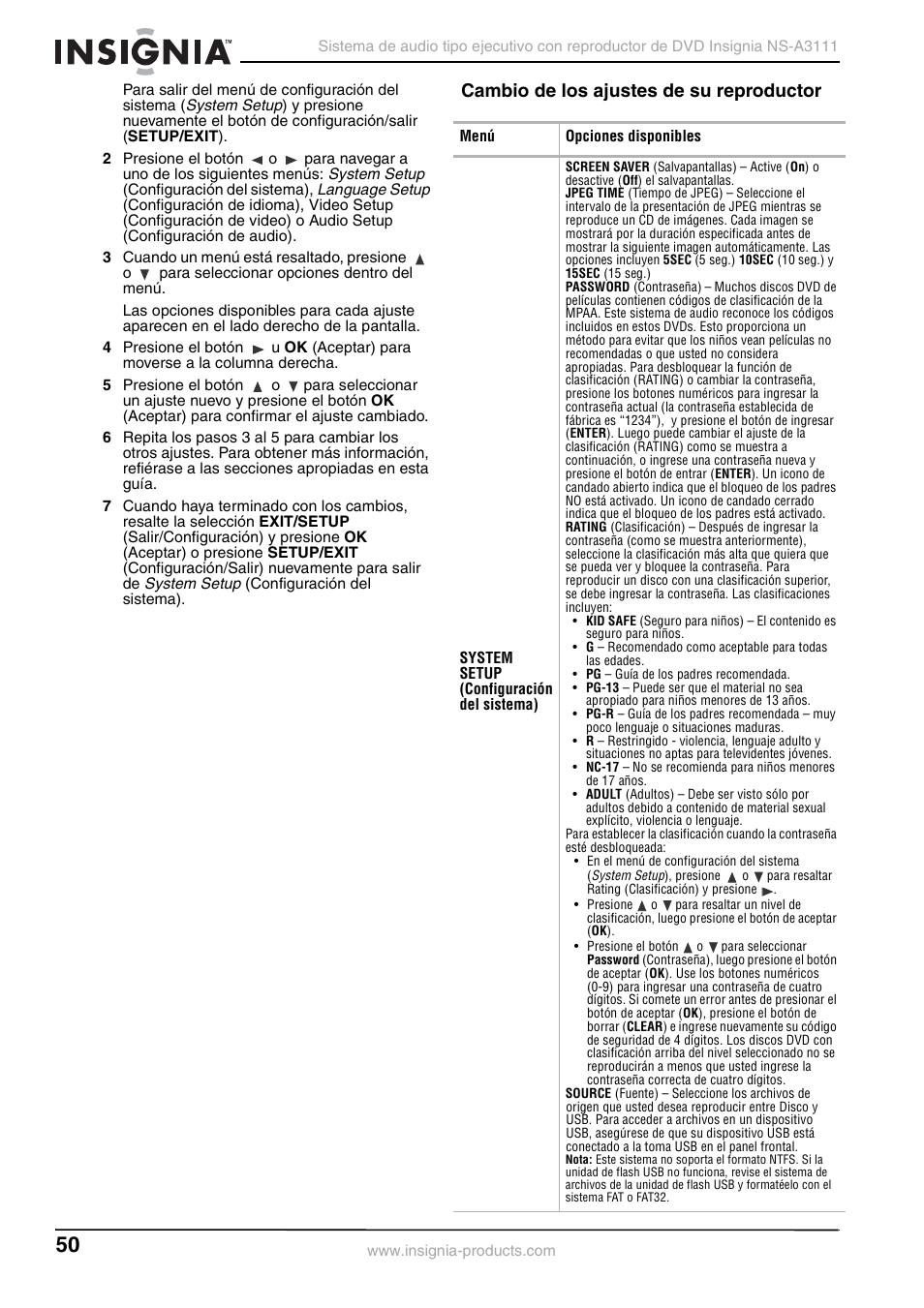 Cambio de los ajustes de su reproductor | Insignia NS-A3111 User Manual | Page 50 / 64
