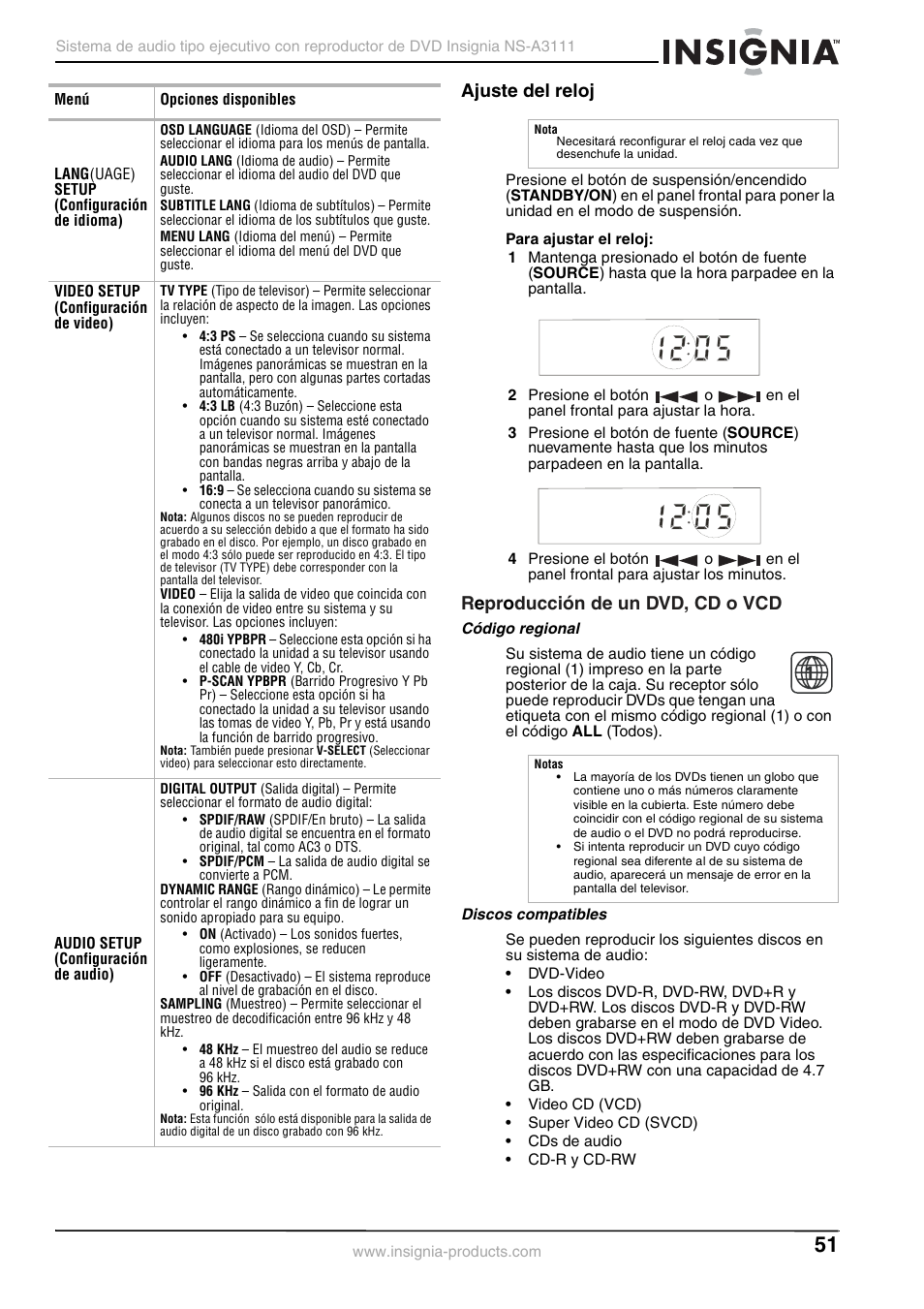 Ajuste del reloj, Reproducción de un dvd, cd o vcd, Código regional | Discos compatibles, Re pr o ducción de un dvd, cd o vcd | Insignia NS-A3111 User Manual | Page 51 / 64