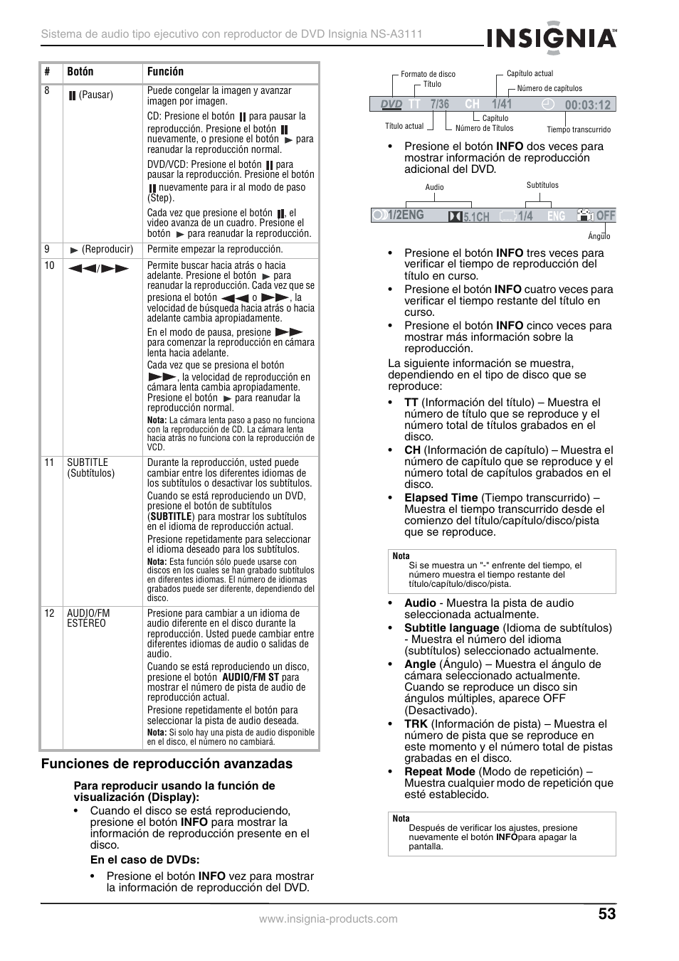 Funciones de reproducción avanzadas | Insignia NS-A3111 User Manual | Page 53 / 64