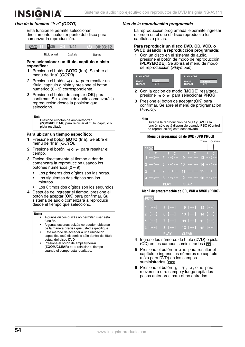 Uso de la función “ir a” (goto), Uso de la reproducción programada | Insignia NS-A3111 User Manual | Page 54 / 64