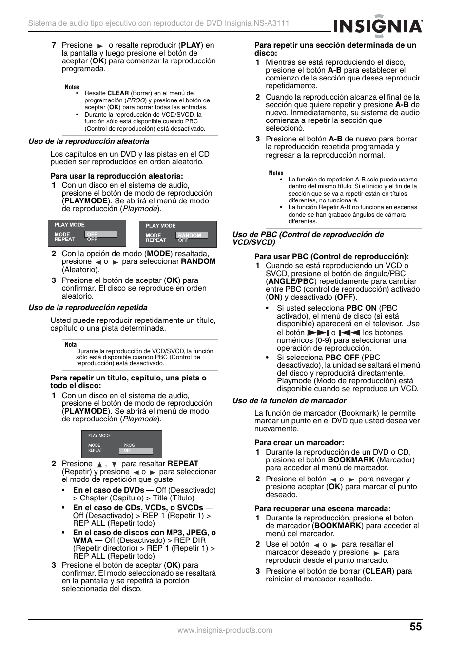 Uso de la reproducción aleatoria, Uso de la reproducción repetida, Uso de pbc (control de reproducción de vcd/svcd) | Uso de la función de marcador | Insignia NS-A3111 User Manual | Page 55 / 64
