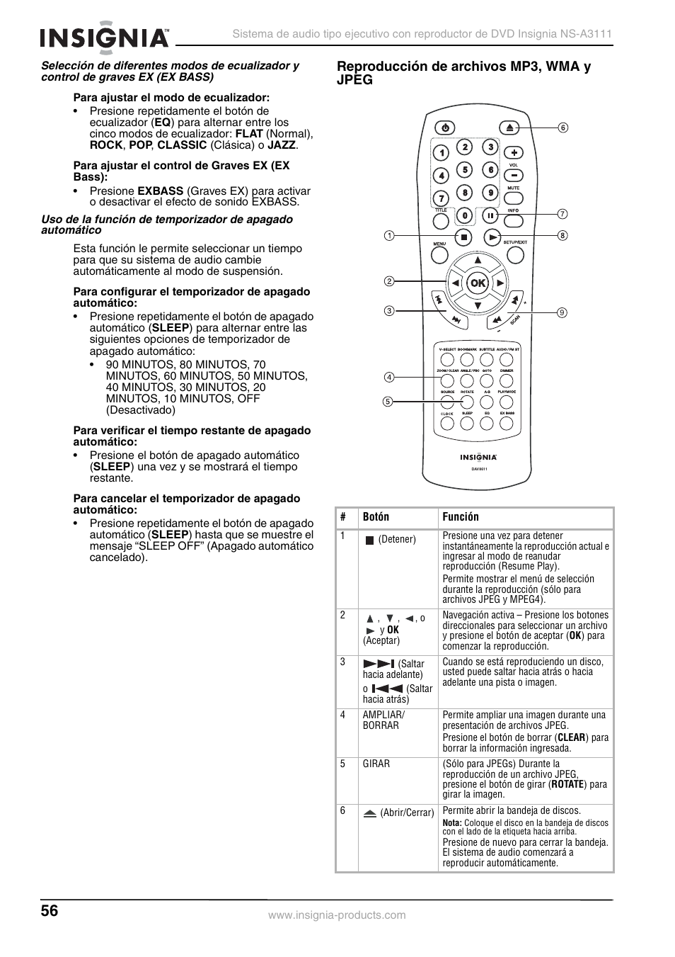 Reproducción de archivos mp3, wma y jpeg | Insignia NS-A3111 User Manual | Page 56 / 64
