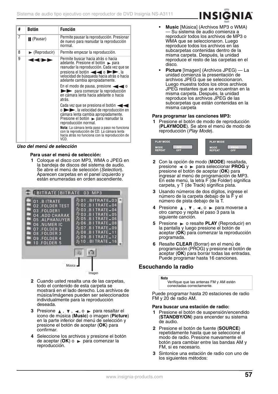 Uso del menú de selección, Escuchando la radio | Insignia NS-A3111 User Manual | Page 57 / 64
