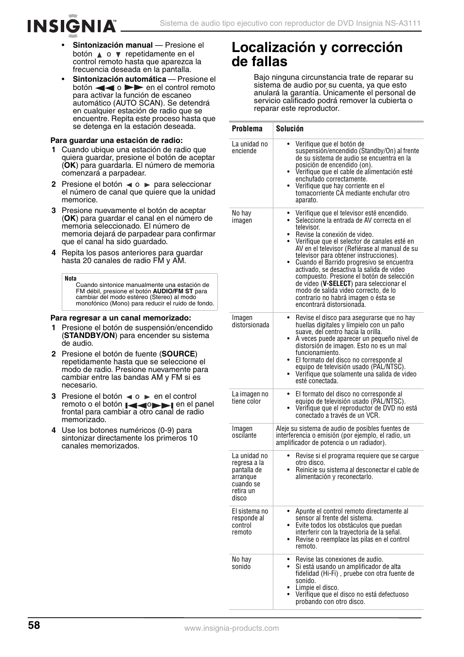 Localización y corrección de fallas | Insignia NS-A3111 User Manual | Page 58 / 64