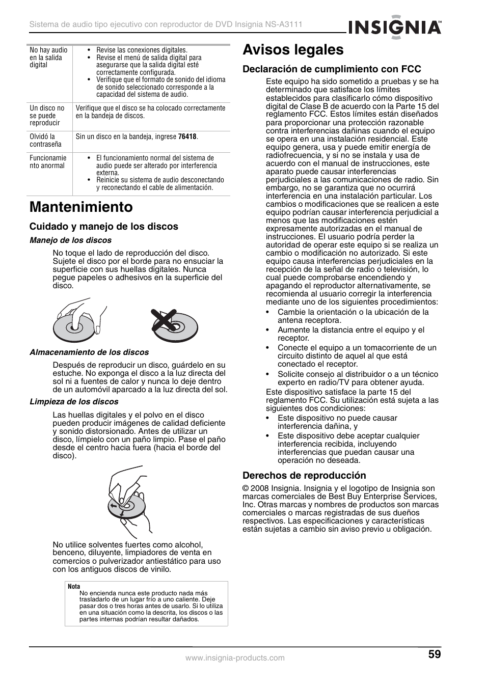 Mantenimiento, Cuidado y manejo de los discos, Manejo de los discos | Almacenamiento de los discos, Limpieza de los discos, Avisos legales, Declaración de cumplimiento con fcc, Derechos de reproducción, Mantenimiento avisos legales | Insignia NS-A3111 User Manual | Page 59 / 64
