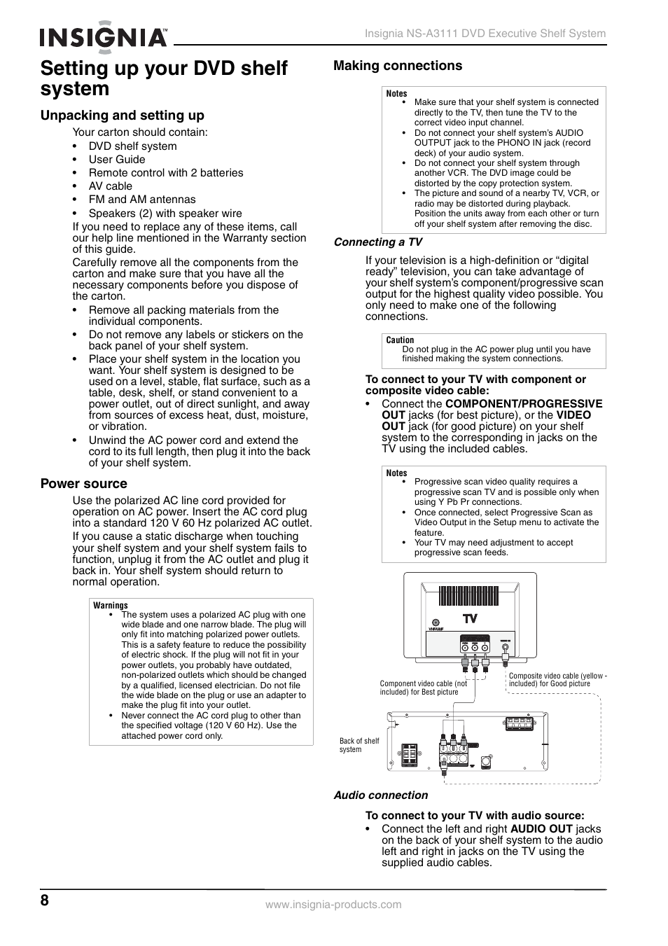 Setting up your dvd shelf system, Unpacking and setting up, Power source | Making connections, Connecting a tv, Audio connection | Insignia NS-A3111 User Manual | Page 8 / 64