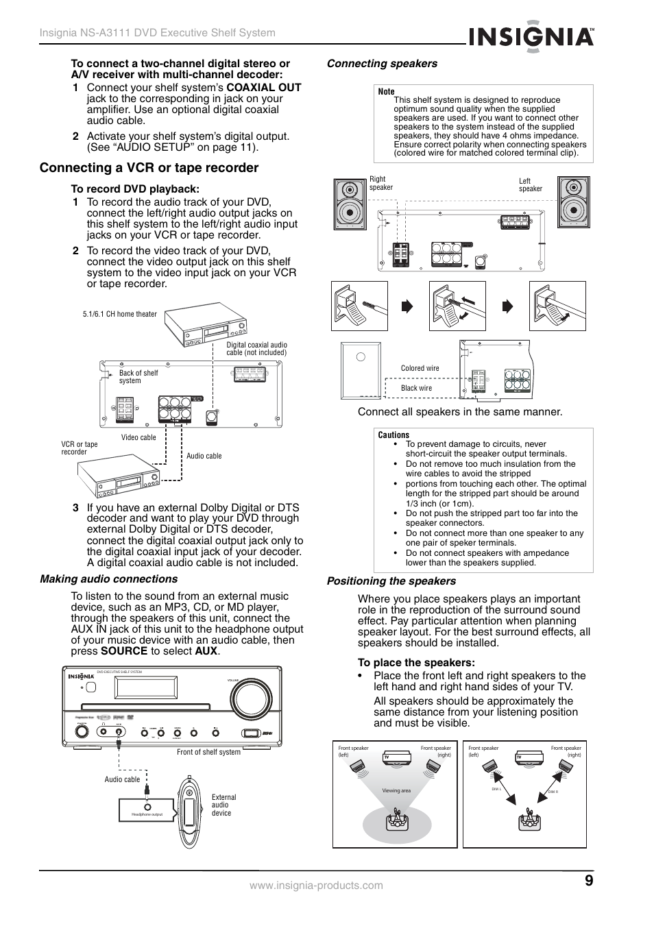 Connecting a vcr or tape recorder, Making audio connections, Connecting speakers | Positioning the speakers | Insignia NS-A3111 User Manual | Page 9 / 64