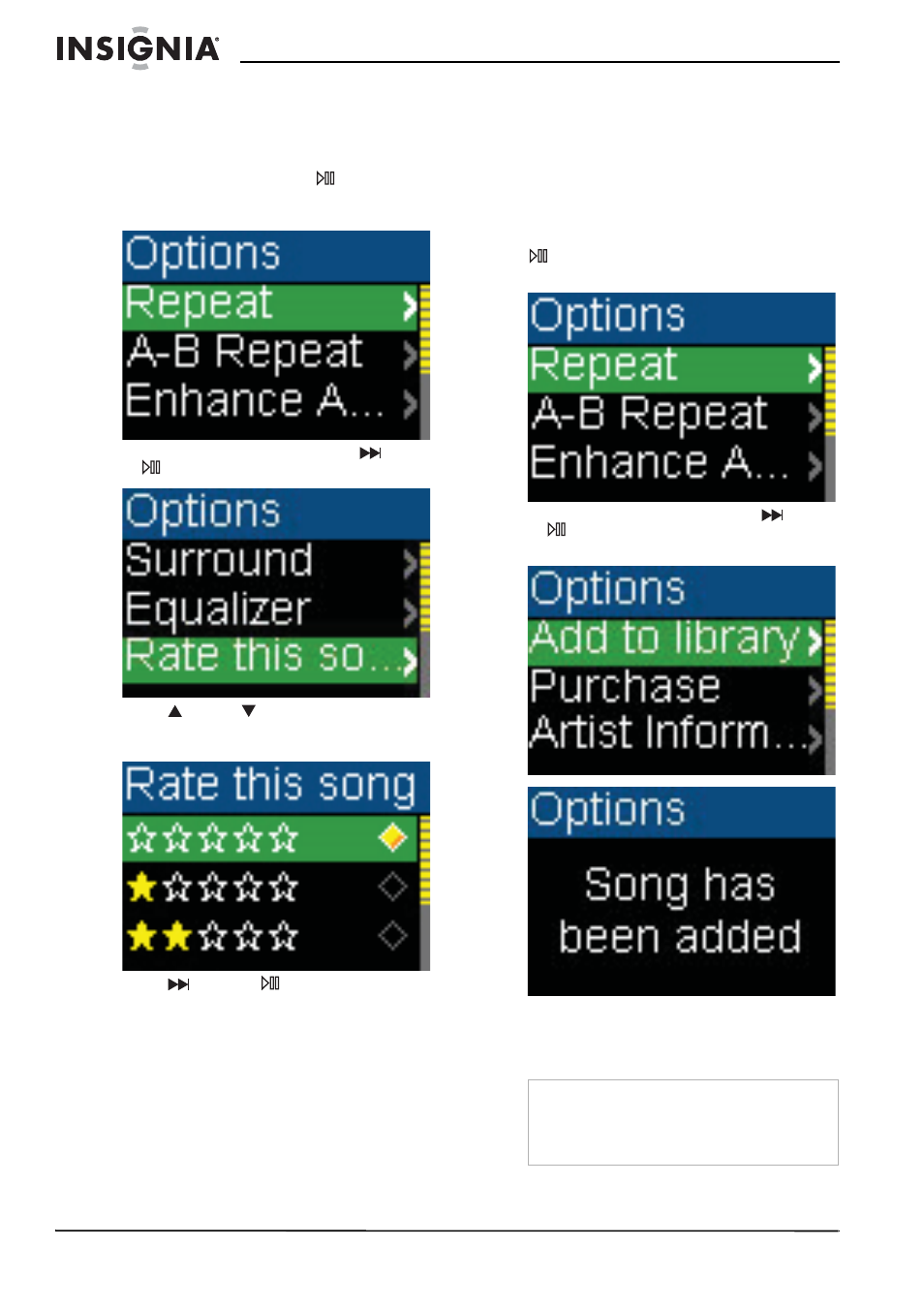 Rating songs, Adding rhapsody songs to your library, Rating songs adding rhapsody songs to your library | Insignia Kix NS-1A10F User Manual | Page 14 / 64