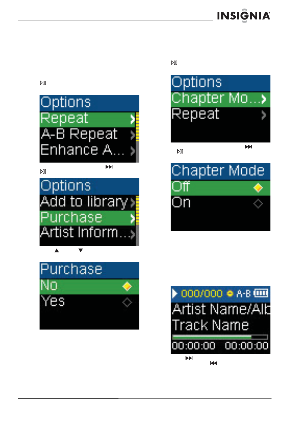 Purchasing music, Using chapter mode for audible tracks | Insignia Kix NS-1A10F User Manual | Page 15 / 64