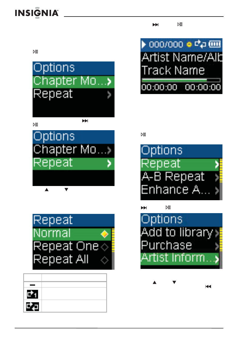 Repeating audible tracks, Viewing artist information for music tracks | Insignia Kix NS-1A10F User Manual | Page 16 / 64
