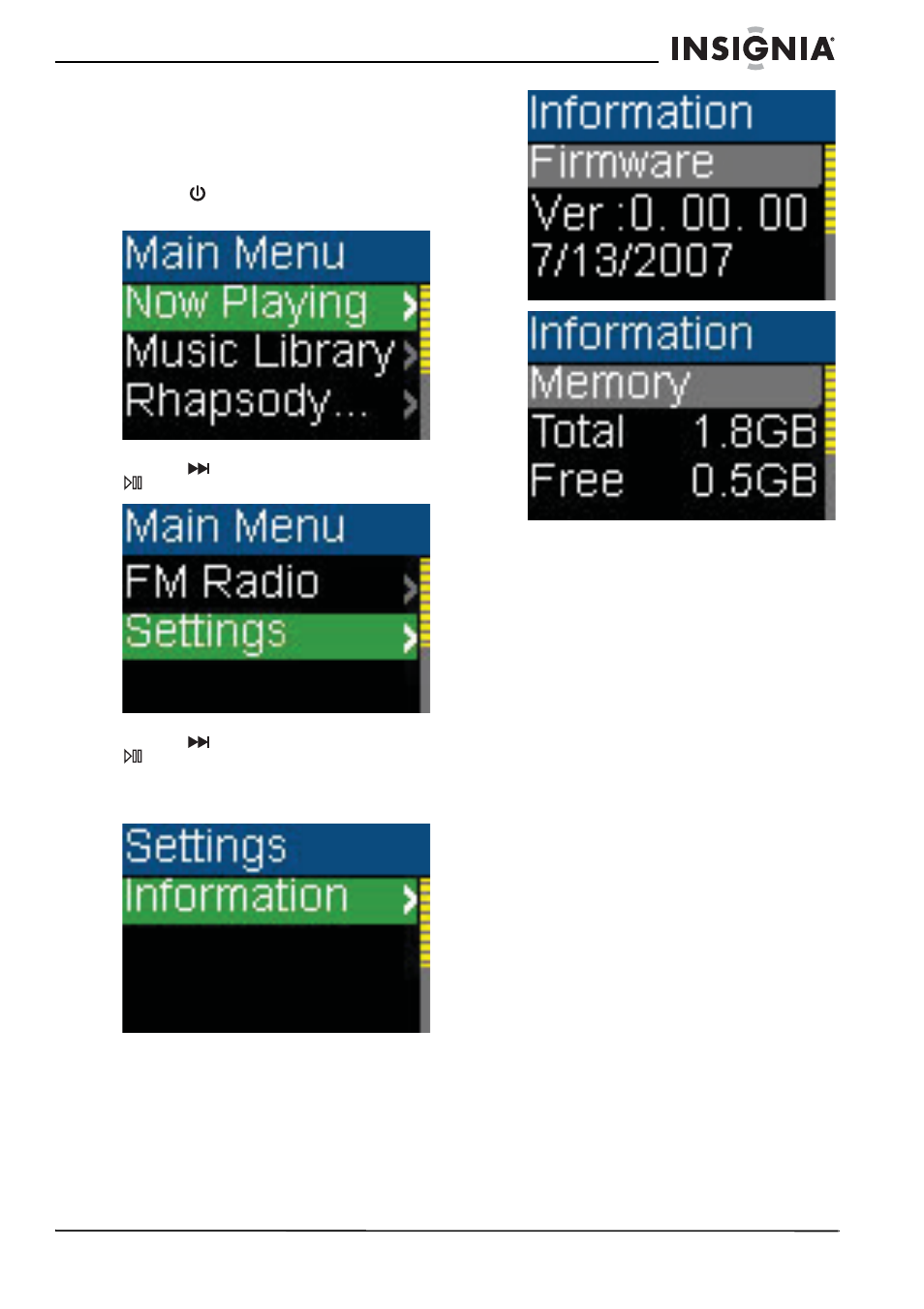 Viendo la información del sistema, Mantenimiento de su reproductor de música digital, Cuidado y limpieza | Actualizando el firmware, Cuidado y limpieza actualizando el firmware | Insignia Kix NS-1A10F User Manual | Page 59 / 64