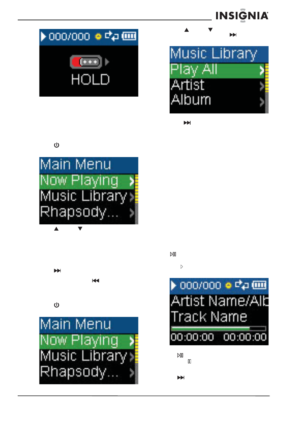 Navigating the on-screen menus, Playing music files, Navigating the on-screen menus playing music files | Insignia Kix NS-1A10F User Manual | Page 7 / 64