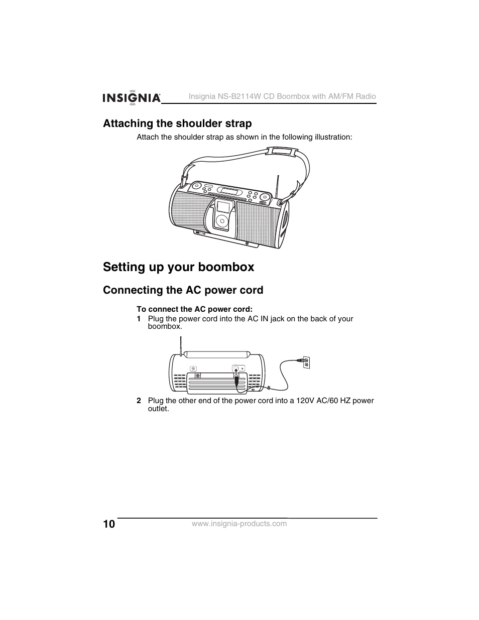 Attaching the shoulder strap, Setting up your boombox, Connecting the ac power cord | Insignia NS-B2114W User Manual | Page 12 / 98