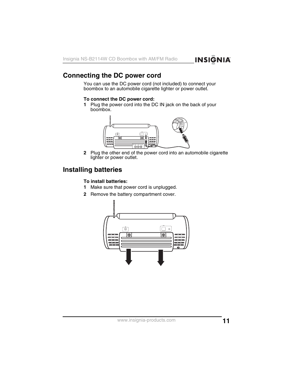 Connecting the dc power cord, Installing batteries | Insignia NS-B2114W User Manual | Page 13 / 98