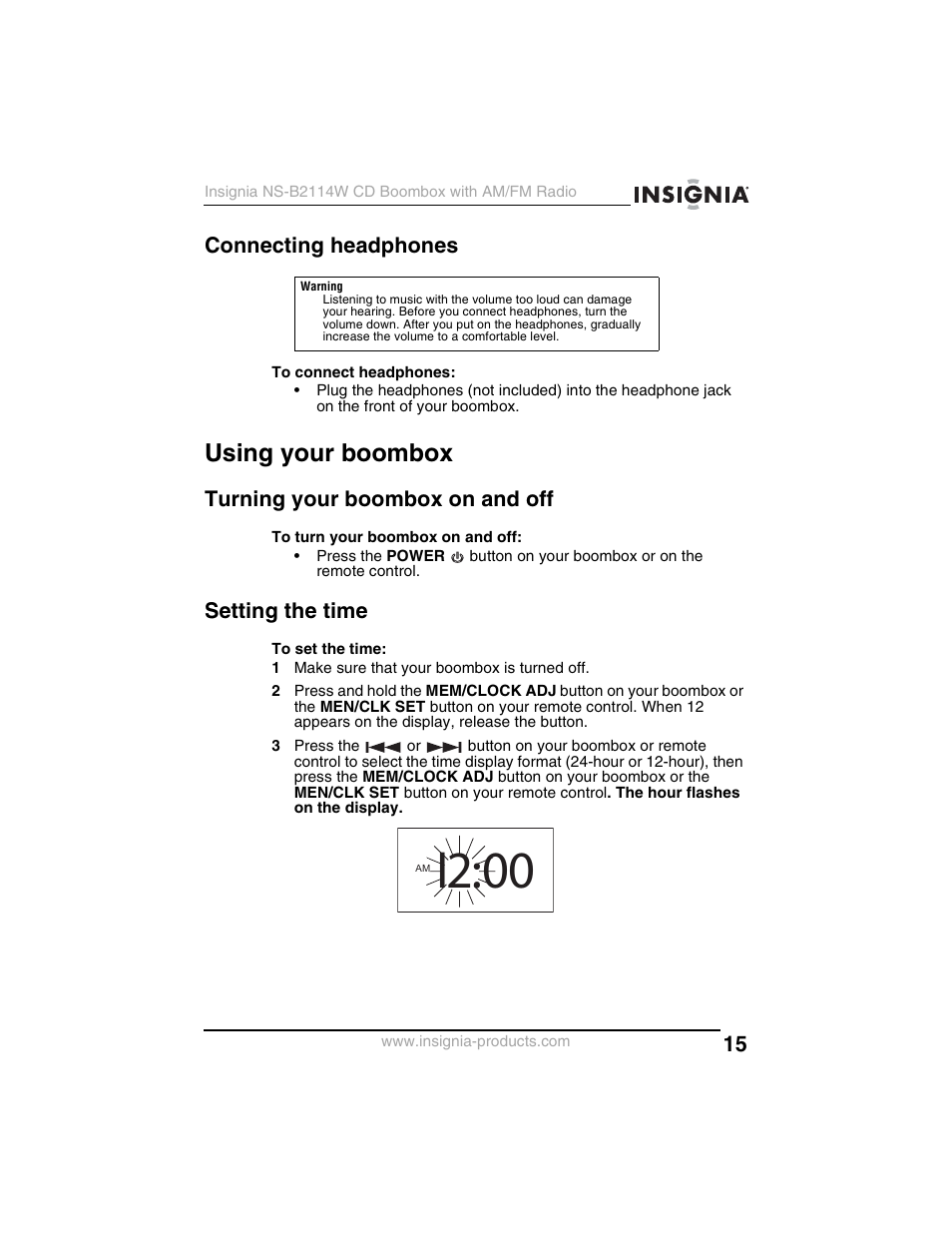 Connecting headphones, Using your boombox, Turning your boombox on and off | Setting the time, I2:00 | Insignia NS-B2114W User Manual | Page 17 / 98