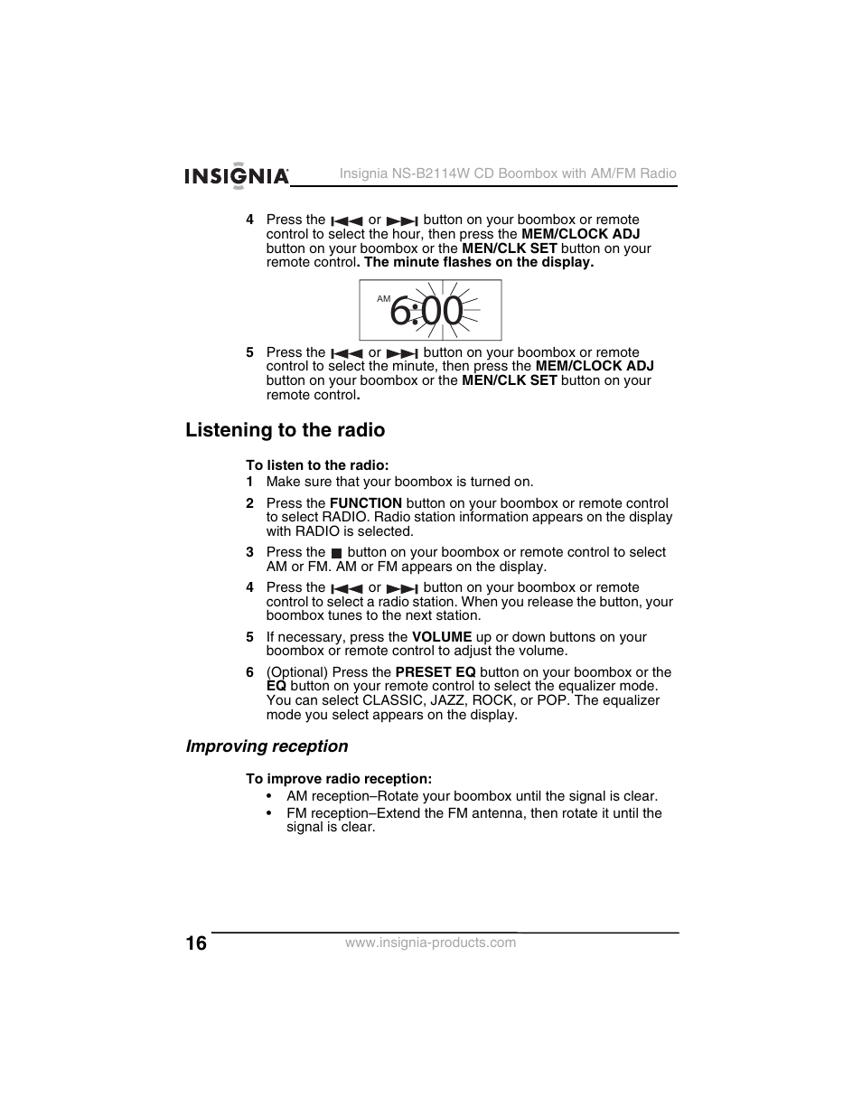 Listening to the radio | Insignia NS-B2114W User Manual | Page 18 / 98