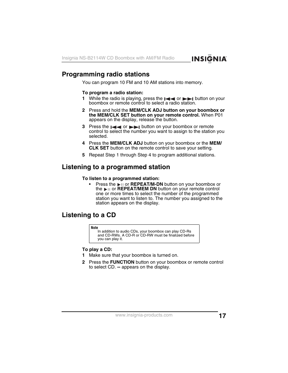 Programming radio stations, Listening to a programmed station, Listening to a cd | Insignia NS-B2114W User Manual | Page 19 / 98