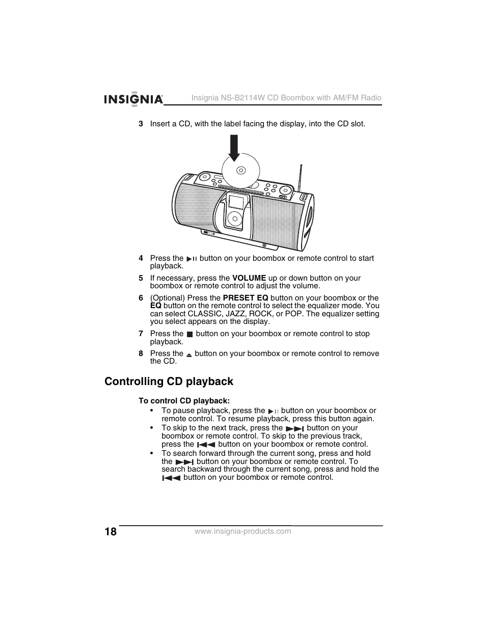 Controlling cd playback | Insignia NS-B2114W User Manual | Page 20 / 98