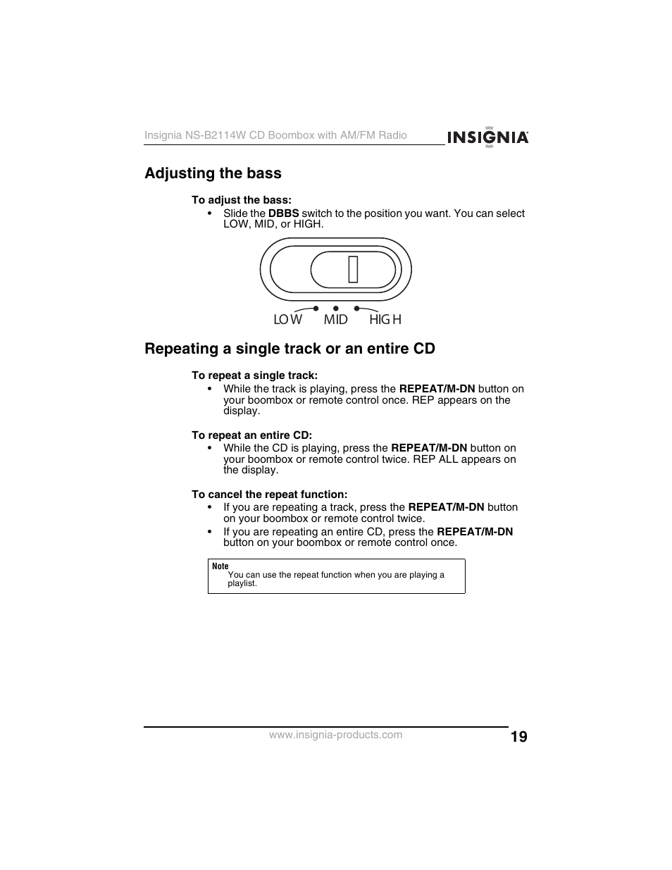 Adjusting the bass, Repeating a single track or an entire cd, Low mid hig h | Insignia NS-B2114W User Manual | Page 21 / 98