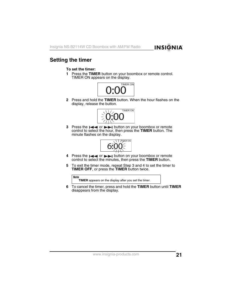 Setting the timer | Insignia NS-B2114W User Manual | Page 23 / 98