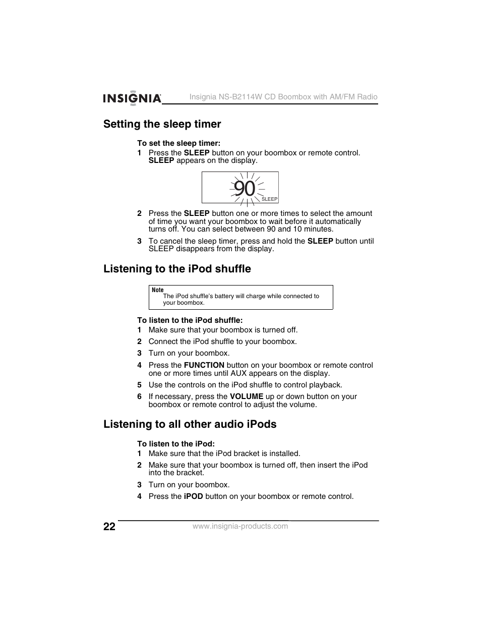 Setting the sleep timer, Listening to the ipod shuffle, Listening to all other audio ipods | Insignia NS-B2114W User Manual | Page 24 / 98