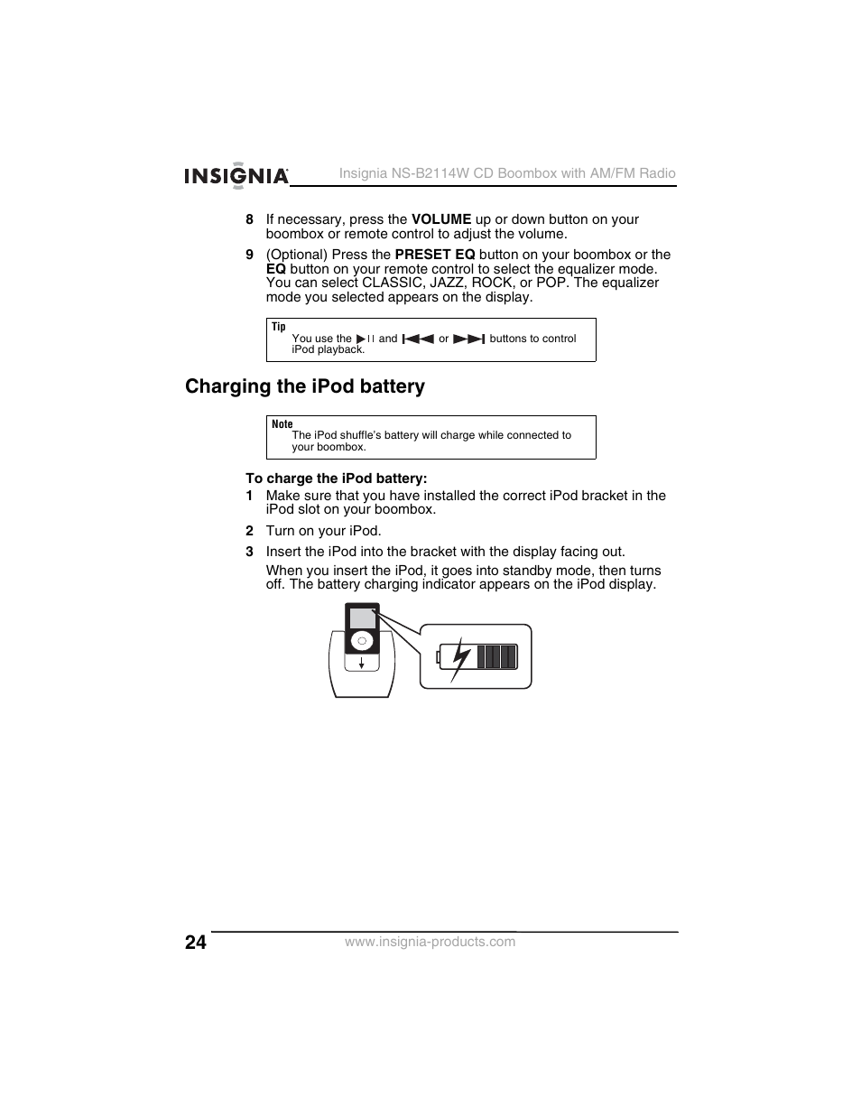 Charging the ipod battery | Insignia NS-B2114W User Manual | Page 26 / 98