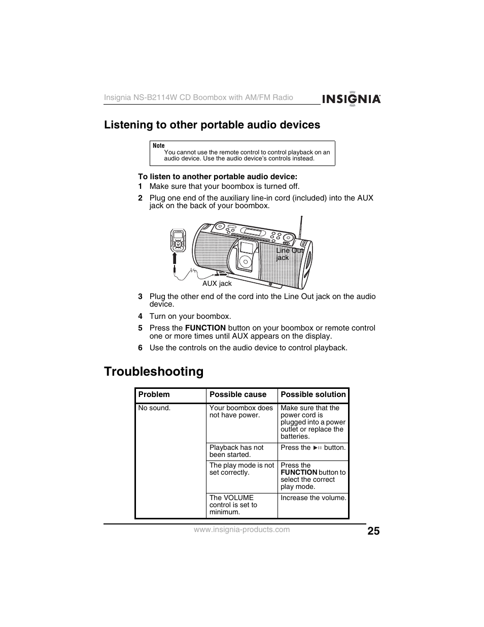 Listening to other portable audio devices, Troubleshooting | Insignia NS-B2114W User Manual | Page 27 / 98