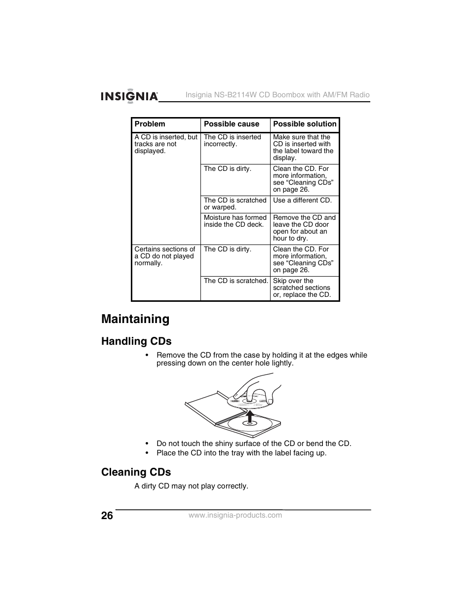 Maintaining, Handling cds, Cleaning cds | Insignia NS-B2114W User Manual | Page 28 / 98