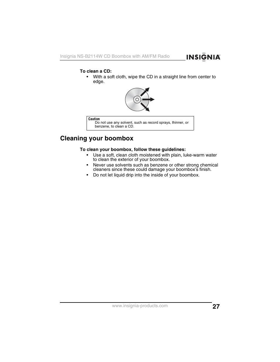 Cleaning your boombox | Insignia NS-B2114W User Manual | Page 29 / 98